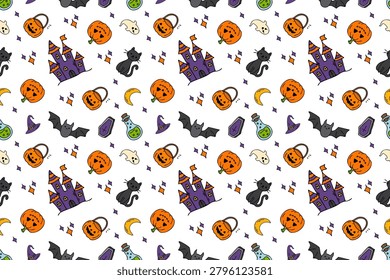 Halloween seamless pattern with pumpkins, haunted castle, bats, black cats, ghosts and magic elements. Hand drawn spooky doodle background for fabric, wrapping paper and party design.