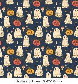 Halloween seamless pattern. Pumpkins, holiday ghosts repeat surface cover. All Hallows' Eve continuous background. Vector hand drawn flat illustration.