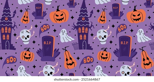 Halloween nahtloses Muster mit Kürbissen, Haus, Geist, Grabstein, Schädel
 auf violettem Hintergrund. Einfache, flache Vektorgrafik.
