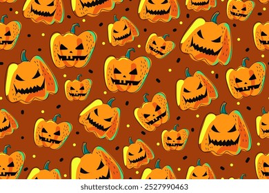Halloween seamless pattern with pumpkins. Jack of lanterns on a brown background. Spooky and autumnal pattern. Happy Halloween. Vector illustration. Design for printing.