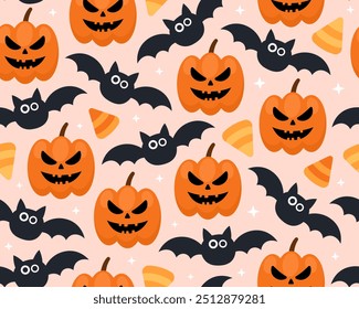  Dia das Bruxas padrão perfeito. Abóboras de Halloween, jack-o-lanternas, morcegos e doces de milho em um fundo rosa. Engraçado design bonito para papel de embrulho.