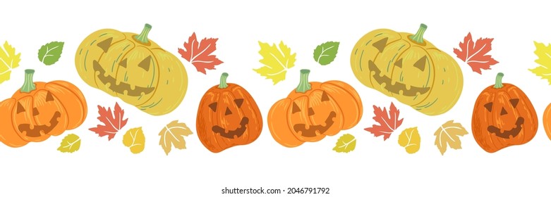 Halloween. Seamless pattern with pumpkins and leaves. Border template for printing wrapping paper, packaging, fabric. Hand Drawn vector illustration.