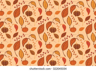 Halloween seamless pattern with pumpkins and leaves, vector illustration