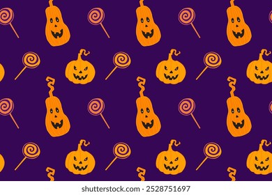 Halloween seamless pattern with pumpkins and lollipops on violet background. Vector flat illustration design