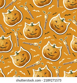 Halloween seamless pattern with pumpkins and marshmallows. Perfect for textile, wallpaper, and print.