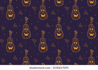 Halloween seamless pattern with pumpkins on dark background. Seasonal vector illustration design for prints, cards, textiles, wallpapers, banners