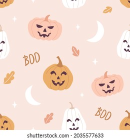 Halloween seamless pattern with pumpkins in pastel colors. Cute hand drawn template for wrapping paper, textile, etc.