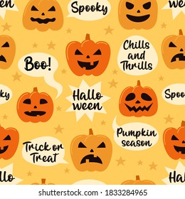 Halloween seamless pattern with with pumpkins and Halloween quotes. Vector