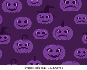 Halloween seamless pattern, pumpkins with scary faces. Jack-o-lantern violet color. Vector illustration