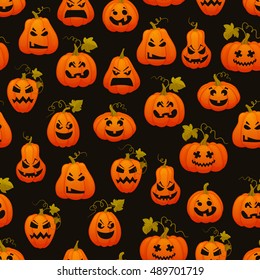 Halloween seamless pattern with pumpkins scary faces.Traditional halloween element seamless background. Retro cartoon style vector illustration