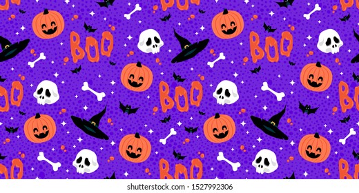 Halloween seamless pattern with pumpkins, skulls, bones, bats and hats. Halloween vector backdrop.