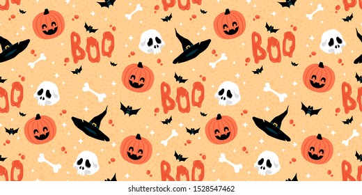 Halloween seamless pattern with pumpkins, skulls, bones, bats and hats. Halloween vector backdrop. Halloween kids.