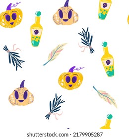Halloween seamless pattern. Pumpkins, skulls, eyes, flowers and potion. Design for Halloween, invitation cards, greeting cards, printing. Vector hand draw illustration isolated on the white background