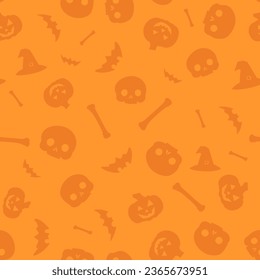 Halloween seamless pattern of pumpkins, skulls, witch hats, bats and bones on a orange background
