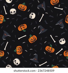 Halloween seamless pattern of pumpkins, skulls, witch hats, bats and bones on a black background