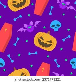 Halloween seamless pattern with pumpkins and skulls. Vector background
