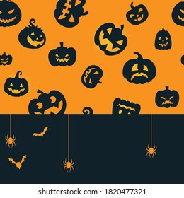 Halloween seamless pattern pumpkins spider and bats on orange background