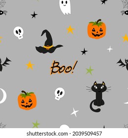 Halloween seamless pattern with pumpkins, spider webs, ghosts, cats