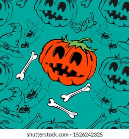 Halloween seamless pattern. Pumpkins, spiders, witch hats, bones and more. In the center is a large orange pumpkin. Green background. Vector illustration