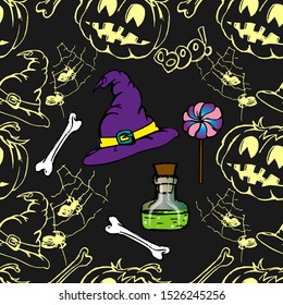 Halloween seamless pattern. Pumpkins, spiders, witch hats, bones and more. In the center is a witch's hat, poison and candy. Black background. Vector illustration