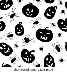 Halloween. Seamless pattern with pumpkins and spiders. White background, isolate. Design for fabric, wallpaper, packaging.