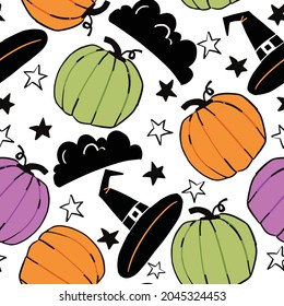 Halloween seamless pattern with pumpkins. Spooky pattern with cartoon gourd, witch hat, clouds, stars for wrapping paper, pattern fills, banner, invites, web page background.