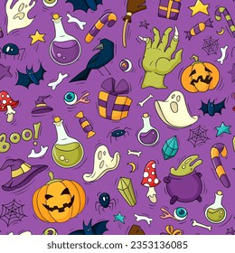 Halloween seamless pattern with pumpkins, spooky ghosts and zombie hand, witch hat and cauldron. Textile print for autumn holiday with bat, crow and candies, vector hand drawn illustration