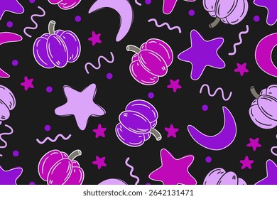 Halloween seamless pattern with pumpkins stars moon dots waves