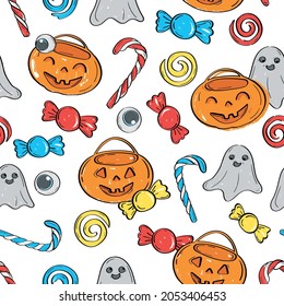 Halloween seamless pattern with pumpkins, sweets, ghosts on white background. For wrapping paper, cards, posters, banners. Vector Halloween pattern