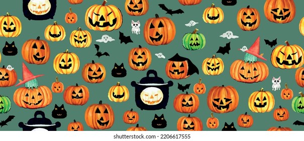 Halloween seamless pattern with pumpkins in watercolor style.