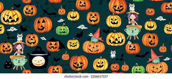 Halloween seamless pattern with pumpkins in watercolor style.