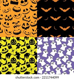 Halloween seamless pattern with pumpkins, witch on broom, grave, bat, cat, ghost, ugly themed pumpkin head, creepy smile. Doodle set. 4 in 1