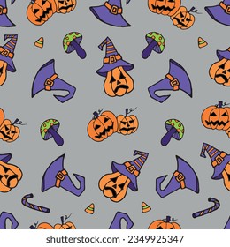 Halloween seamless pattern  with pumpkins and witch hat .Hand drawn vector illustration in doodle style. Can be used for wallpaper, wrapping paper, bedding, bathroom tiles, clothing or bedding