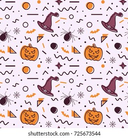 Halloween seamless pattern with pumpkins, witch hats, spiders, bats and abstract geometric shapes in memphis style. Holiday background in white, orange and purple colors. Trendy vector design.