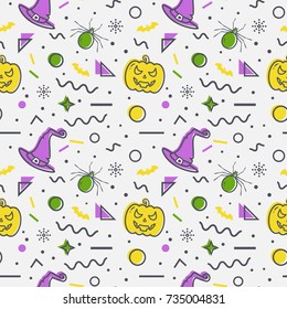 Halloween seamless pattern with pumpkins, witch hats, spiders, bats and abstract geometric shapes in memphis style. Holiday background in white, yellow, green and purple colors. Trendy vector design.