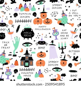 Patrón sin fisuras de Halloween con calabazas, brujas, fantasmas, gatos, dulces y letras.