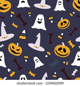 Halloween seamless pattern with pumpkins,ghosts, bones, witch hats, candy corns for wrapping paper, stationary, background, wallpaper.