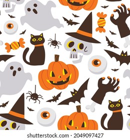 Halloween seamless pattern with pumpkins,ghosts,bats,black cats,skeletons,eyes and sweets.October holiday background.Halloween texture.Scary and funny vector pattern.Halloween vector seamless pattern