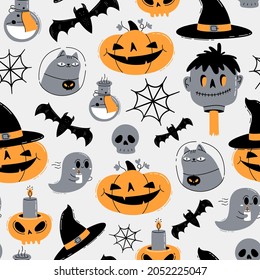 Halloween seamless, pattern with pumpkins,ghosts,bats,cats,skulls and cats.Vector holiday october background.Textile texture for halloween party.Skull,pumpkin,ghost,bat,spider,cat,magic