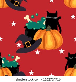 Halloween seamless pattern with pumpkin,witches hat and black cat.