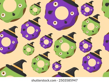 Patrón sin fisuras de Halloween. Rosquilla espeluznante púrpura y verde con ojo y coronación de araña sobre fondo naranja. Para tarjetas, marcos, carteles, cubiertas de libros, textiles, Fondo de pantalla, envolturas y telas. 