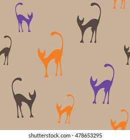 Halloween seamless pattern purple, orange and brown cats over beige background. Vector repeatable texture.