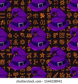 Halloween seamless pattern with purple witch hats on ancient mystic symbols scripts background. Gift box wrapping paper, party decoration, textile, linen print design