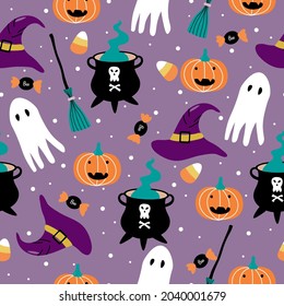 Halloween seamless pattern with purple witch hat, broom, ghost, ghost pumpkin, candy, halloween dessert. Witch's cauldron and white dots on purple  background. Halloween festival.