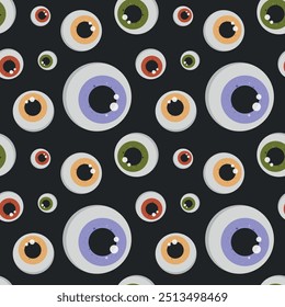 halloween seamless pattern with purple, yellow, green and red eyes, spooky halloween background