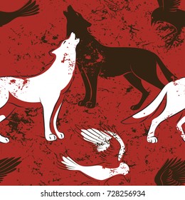 Halloween seamless pattern with raven bird and wolf on  red background. Hand drawn  illustration. Vector design.
