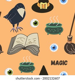 Halloween seamless pattern, raven, potion, spell, spooky, scary, eye, trick or treat