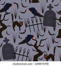 halloween seamless pattern with ravens and cats - vector illustration, eps