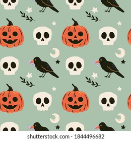 Halloween seamless pattern with ravens, skulls and pumpkin. Cute spooky vector illustration. Trick or treat holiday background. Hand drawn endless texture for textile, wrapping paper, fabric design.