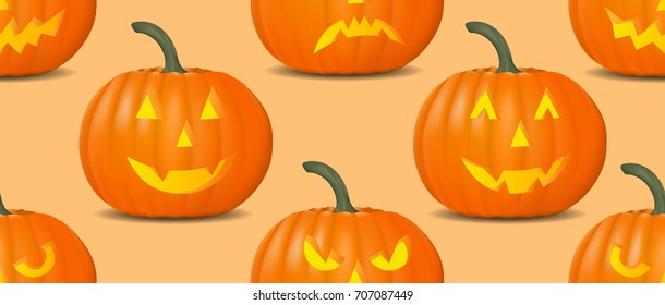 Halloween seamless pattern with realistic pumpkin. Vector background with linear objects. Endless texture with linear objects can be used for wallpaper, web page background, surface, textile print..